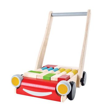 Drewniany wózek do pchania z klockami, Plan Toys®