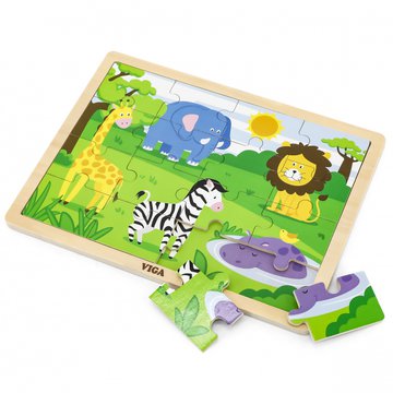 Viga Toys - VIGA Drewniane Puzzle Safari 16 elementów