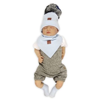 Pom Pom - komplet niemowlęcy czapka z bandanką ALPACA BOHO Baby blue S pom pom