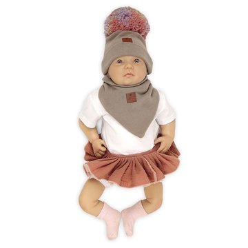 Pom Pom - komplet niemowlęcy czapka z bandanką ALPACA BOHO Cafe Latte_Pink S pom pom
