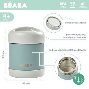 Beaba Pojemnik - termos obiadowy ze stali nierdzewnej z hermetycznym zamknięciem 300 ml light mist/eucalyptus green