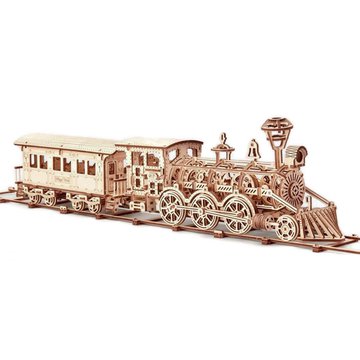 Wood Trick - Mechaniczne puzzle 3D – Duża lokomotywa R17 z wagonem i torami